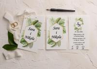 POZIVNICA SA CVETNIM DETALJIMA35,00 RSDModel-9188-Pozivnica za venčanje je dimenzije 103x162mm.Sastoji se od dva papira za štampu sa cvetnim detaljima u zelenoj boji koji su povezani mašnicom i kovertom.Može da posluži kao pozivnica venčanje i ostale svečanosti.